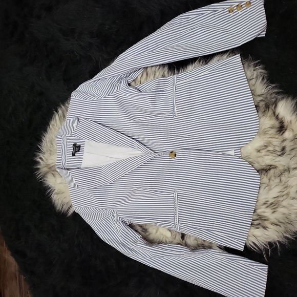 WOMENS JONES&CO BLUE/WHITE STRIPED SIZE M BLAZER EXCELLENT CONDITION - Picture 1 of 7